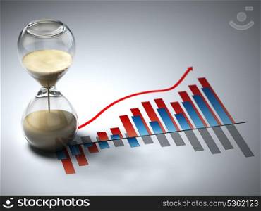 Business concept. Hourglass and graph. Three-dimensional image.