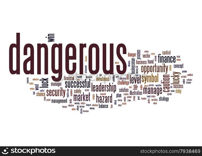 business; concept; management; danger; risky; risk; solution; challenge; investment; chance; safety; dangerous; luck; security; hazard; market; level; caution; word; cloud; tag. Dangerous word cloud with white background