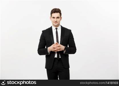 Business Concept - Portrait Handsome Business man holding hands with confident face. White Background.. Business Concept - Portrait Handsome Business man in suit holding hands with confident face. White Background.