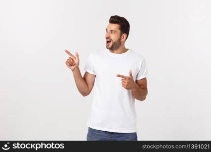 Business Concept: Portrait handsome young businessman point finger on side to empty copy space. Isolated over white background.. Business Concept: Portrait handsome young businessman point finger on side to empty copy space. Isolated over white background