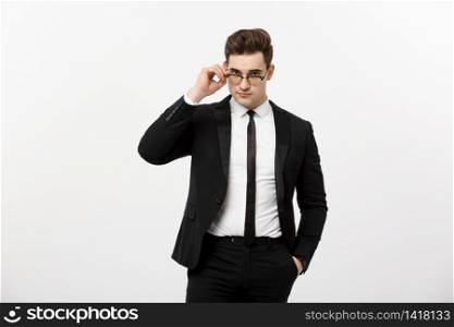 Business Concept: Portrait handsome young businessman wearing glasses isolated over white background.. Business Concept: Portrait handsome young businessman wearing glasses isolated over white background