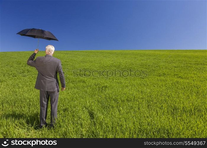 Business concept shot of a businessman standing in a green field under a bright blue sky holding and umbrella