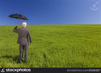 Business concept shot of a businessman standing in a green field under a bright blue sky holding and umbrella