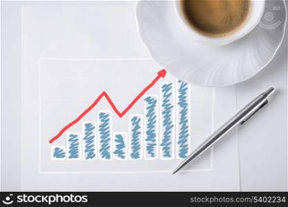 business concept - sketch with growing chart , arrow and coffee