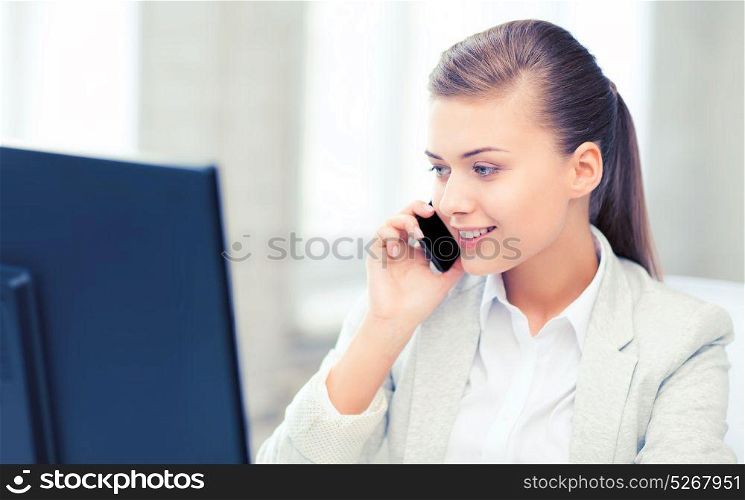 business concept - smiling businesswoman with smartphone in office. businesswoman with smartphone in office