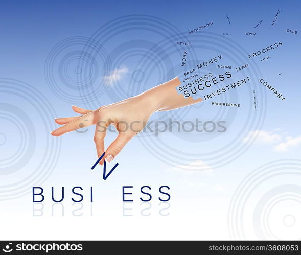 Business concept with hands and business words made up from letters