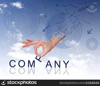 Business concept with hands and business words made up from letters