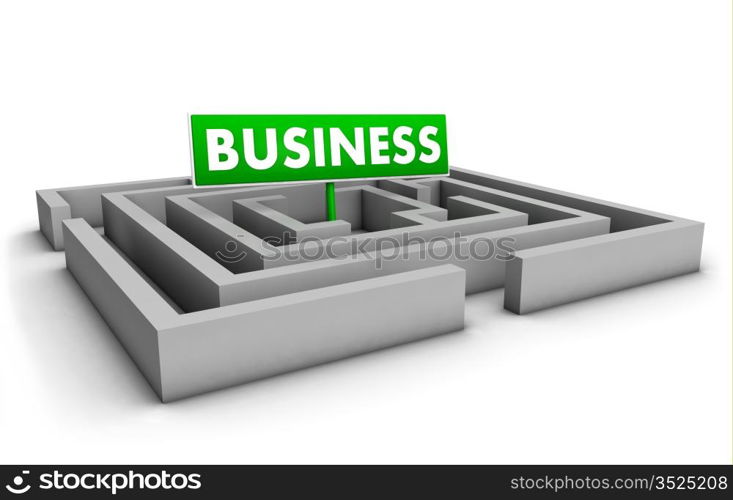 Business concept with labyrinth and green goal sign on white background.