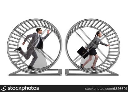 Business concept with pair running on hamster wheel