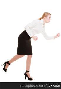Business concept. Woman running in full body isolated on white background