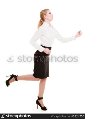 Business concept. Woman running in full body isolated on white background