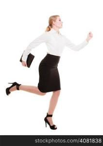 Business concept. Woman running in full body with briefcase isolated on white background