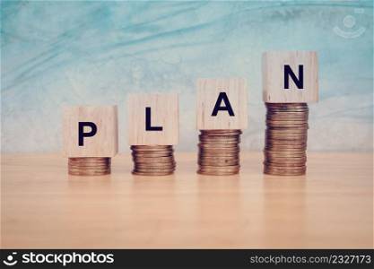 Business concept. Wooden Blocks With text Plan on table. Copy space