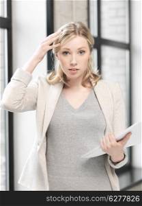 business concept - worried woman with documents