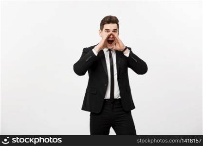 Business Concept: young handsome business man shouting and isolated on white. Business Concept: young handsome business man shouting and isolated on white.
