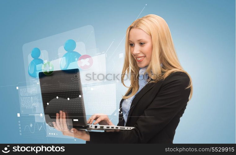 business, connection, internet and future technology concept - smiling woman with laptop computer