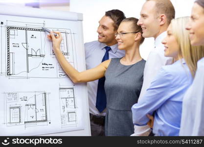 business, construction, building and office concept - smiling business team drawing blueprint on flip board and having discussion
