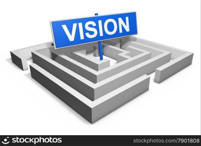 Business corporate vision concept with a labyrinth and a blue target goal sign, 3d rendering isolated on white background.