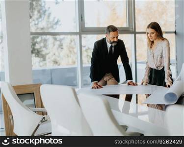 Business couple analyzing project in modern office