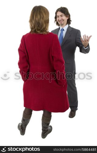 business couple talking, full length, isolated on white