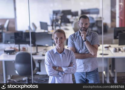 business couple working together on project at modern startup office