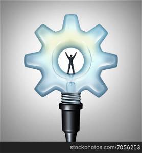 Business creative energy and bright industry idea concept as a businessman standing on a light bulb shaped as a machine gear as a creativity metaphor with 3D render elements.