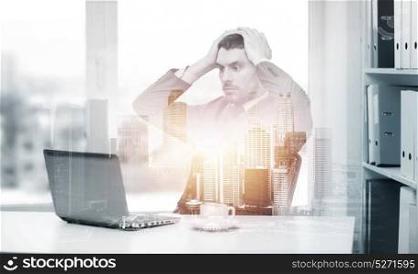 business, crisis and stress concept - stressing businessman with laptop computer and coffee at office over city background and double exposure effect. stressing businessman with laptop at office