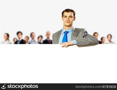 Business crowd with blank advertising space