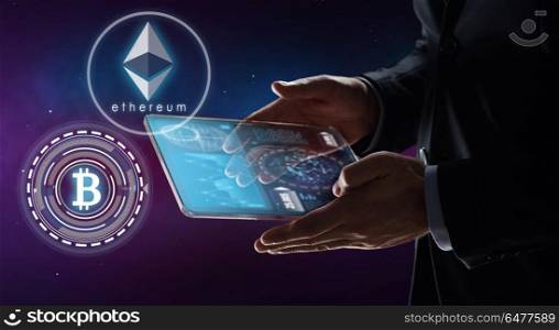 business, cryptocurrency and future technology concept - close up of businessman with transparent tablet pc computer and virtual bitcoin and ethereum holograms over ultra violet space background. businessman with tablet pc and cryptocurrency. businessman with tablet pc and cryptocurrency