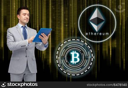 business, cryptocurrency and future technology concept - close up of businessman with transparent tablet pc computer and virtual bitcoin and ethereum hologram over binary code background. businessman with tablet pc and cryptocurrency. businessman with tablet pc and cryptocurrency