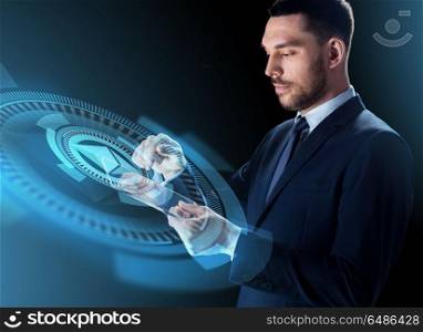 business, cryptocurrency and future technology concept - close up of businessman with transparent tablet pc computer and virtual ethereum symbol hologram over dark background. businessman with tablet pc and ethereum hologram. businessman with tablet pc and ethereum hologram