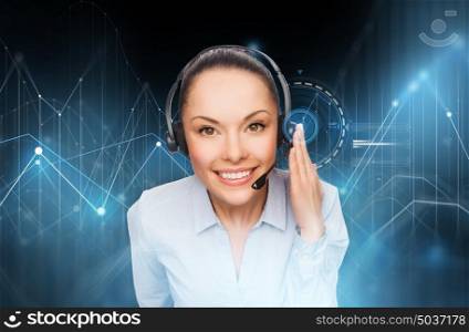 business, customer service and people concept - female helpline operator with headset over virtual diagram charts and black background. female helpline operator with headset
