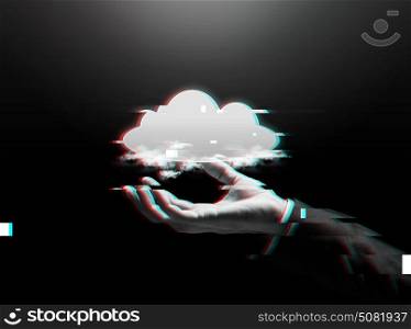 business, cyberspace, technology and people concept - close up of businessman hand with cloud computing icon over dark background. close up of businessman hand
