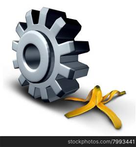 Business danger concept and risk ahead symbol or work injury and worker compensation claim due to working hazard as a gear wheel or cog rolling on to a slippery banana peel.