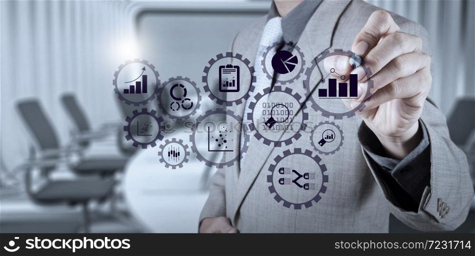 Business data analytics management with connected gear cogs with KPI financial charts and graph.