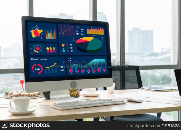 Business data dashboard analysis by ingenious computer software . Investment application display business sales and profit on the computer screen and advise marketing planning decision .. Business data dashboard analysis by ingenious computer software