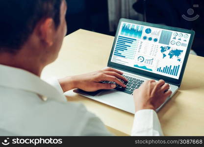 Business data dashboard analysis by ingenious computer software . Investment application display business sales and profit on the computer screen and advise marketing planning decision .. Business data dashboard analysis by ingenious computer software