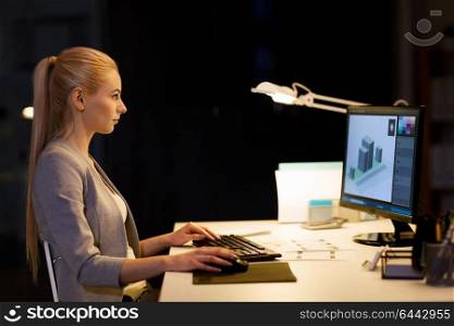 business, deadline and technology concept - businesswoman or designer with 3d model in graphics editor on computer screen working at night office. graphic designer with computer at night office