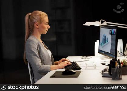 business, deadline and technology concept - businesswoman or designer with 3d model in graphics editor on computer screen working at night office. designer with computer working at nigh office. designer with computer working at nigh office