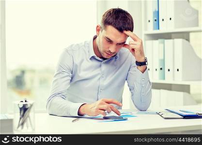business, deadline, people and technology concept - close up of businessman with smartphone