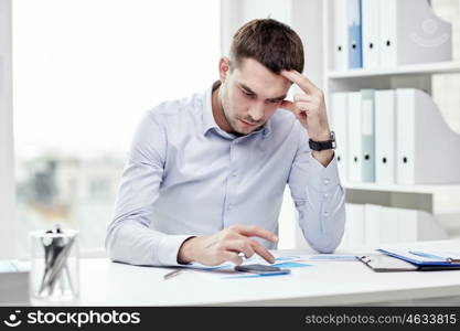 business, deadline, people and technology concept - close up of businessman with smartphone