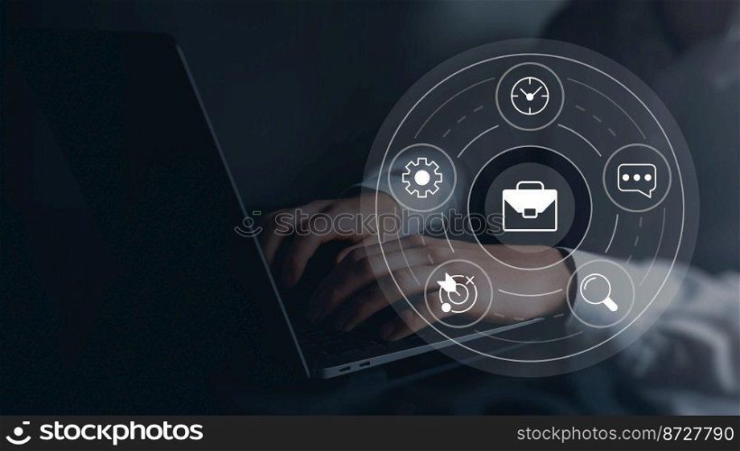 Business deals online making closeup concept image with white glyph icons. Side view photo of trader at laptop on background. Picture for web banner, infographics, blog, news and article. Business deals online making concept image with white glyph icons