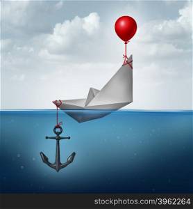 Business decision problem and inefficient strategy concept as a paper boat being lifted and drowned simultaneously as a financial indecision icon with 3D illustration elements.&#xA;