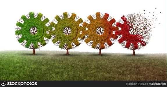 Business decline concept as a group of connected season changing trees shaped as gear or cog machine wheels as an economic metaphor for financial loss with 3D illustration elements.
