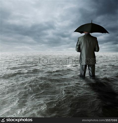 business depression concept, man with black umbrella in ocean, selective focus