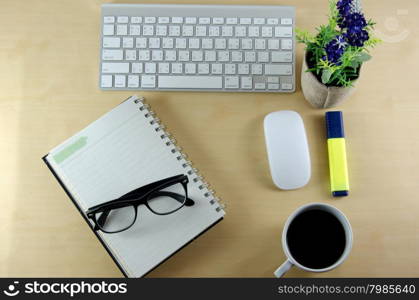 Business desk with keyboard, mouse and pen on wooden table