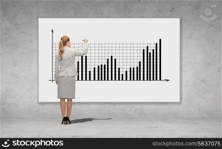 business, development and office people concept - businesswoman with marker drawing chart over concrete wall background from back