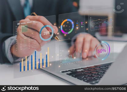 Business development and technology Data analyst for report marketing strategy planning. graph analysis and information on a futuristic virtual interface screen.