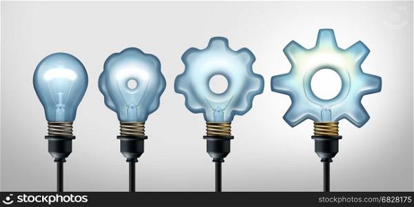 Business development idea and developing industry success through creative invention as a light bulb evolving to a gear shape as a 3D illustration.