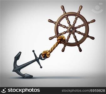 Business direction struggle and success effort to steer and navigate towards success as a ship wheel held back by an anchor with 3D illustration elements.. Business Direction Struggle